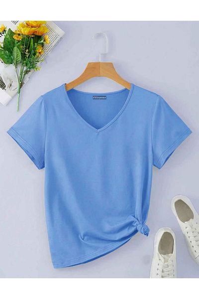 FAVORİST Tricou de bază din bumbac cu decolteu în V (uniformă fără model).