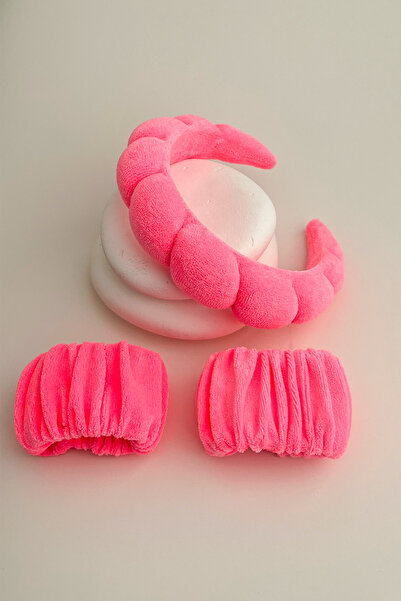 Modex Fuchsia Pink Towel Fabric Twisted Curved Spa and Makeup Women's Crown and 2 Bracelet Set