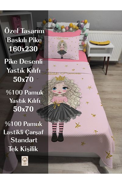 yok yok evim eve dair her şey 4 Piece Little Pirencess Patterned Pink Elastic Sheet Single Pique Bedspread Set