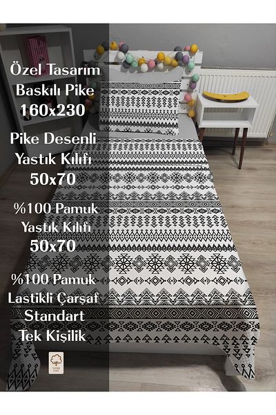 yok yok evim eve dair her şey 4 Piece Geometry Patterned Single Pique Bedspread Set with Elastic Sheets