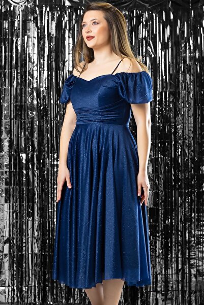 SUBU TASARIM Askılı Simli Abiye Elbise Lacivert TBS376