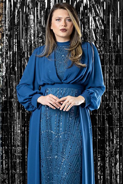 SUBU TASARIM Rochie de seara din sifon cu detalii de prelucrare Indigo TBS954