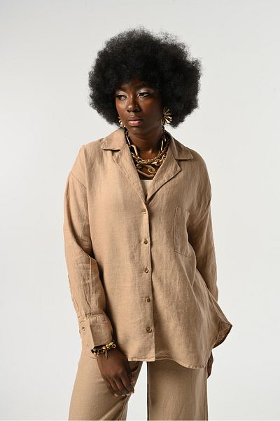 Orfeo Negro Women's Caramel Color 100% Linen Single Pocket Long Sleeve Shirt