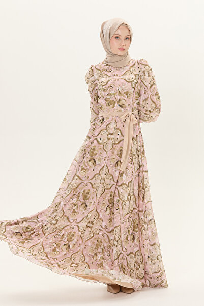 Setrms Karpuz Kollu Kuşaklı Desenli Elbise