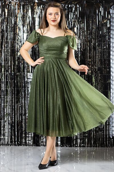 SUBU TASARIM Strappy Glitter Evening Dress Khaki Tbs376