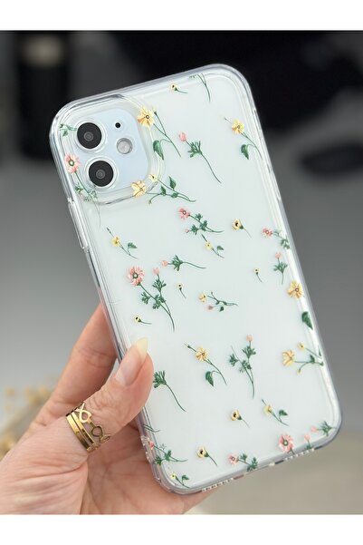 Go Aksesuar Iphone 11 Uyumlu Krem Çiçek Desenli Kameralar Korumalı Kılıf