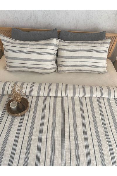 Befera Design Σετ παπλωματοθήκης Muslin 100% βαμβακερό διπλό πλενόμενο που δεν σιδερώνει γκρι ριγέ