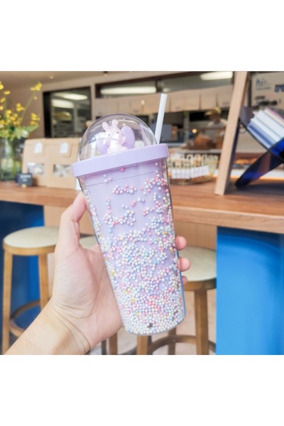 Livava Tavşanlı Işıklı ve Pipetli Bardak, 450 ml, Boncuklu ve Kapaklı, Mor, 20x8