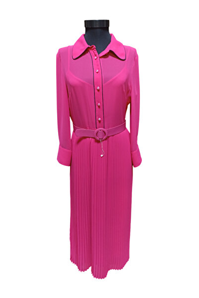 star form Pembe Eteği Pileli Astarlı Düğmeli Elbise