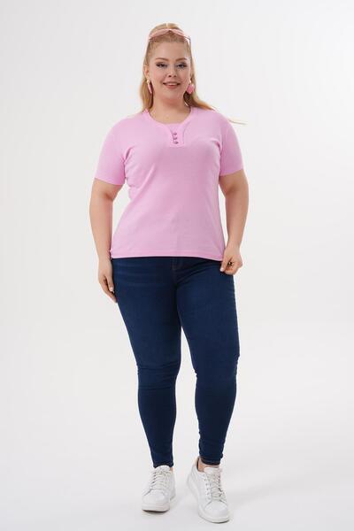 Siyezen Plus Size Cotton Blouse with Button Detail on the Collar