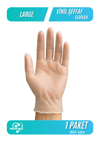Medicalx Şeffaf Vinil Muayene Eldiveni Pudrasız 100 lü Paket - Large