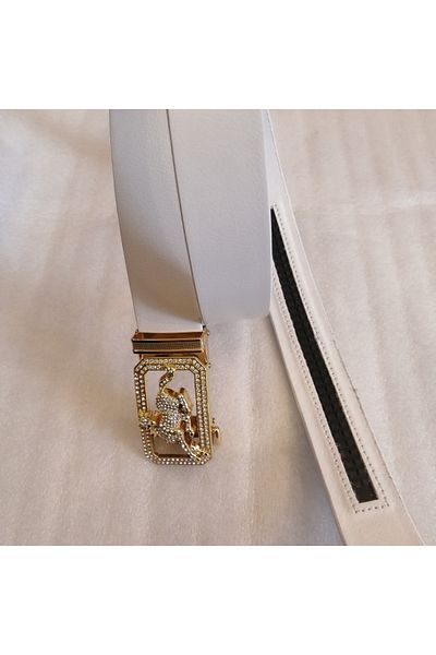 Butik Tülin Unisex Handmade Genuine Cowhide White Gold Cutout Shiny Crystal Stone Horse Automatic Buckle Belt