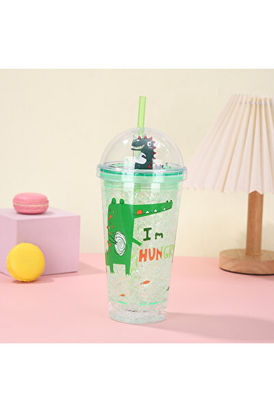 Livava Timsah Işıklı ve Pipetli Bardak, 450 ml, Buzlu ve Kapaklı, Yeşil, 20x8