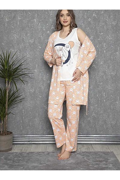 aryam butik Women's Zero Collar Pajama Set with Dressing Gown Set of 3
