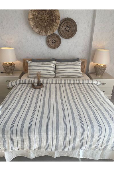 Befera Design Σετ παπλωματοθήκης Muslin 100% βαμβακερό διπλό πλενόμενο που δεν σιδερώνει γκρι ριγέ