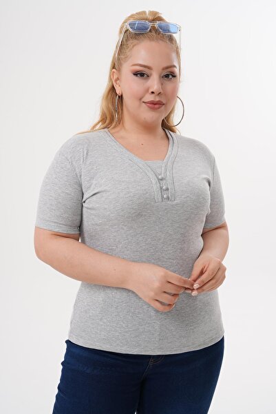 Siyezen Plus Size Cotton Blouse with Button Detail on the Collar