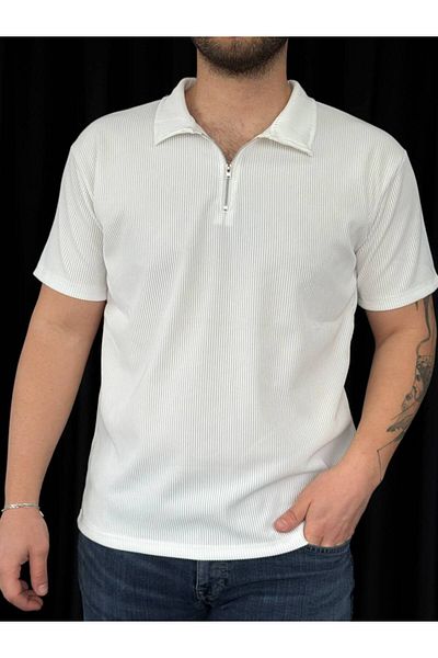 TEXTURA ✅   Men's Ottoman Fabric T-Shirt – Polo Collar, Half Zipper Detail