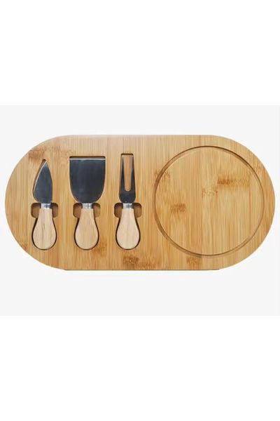 ABYZ Cheese platter set with 3 serving utensils, Oval, wooden, dimensions 36x18x1.5 cm