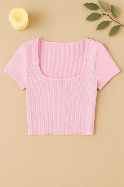 Stail Moda Γυναικεία ροζ καμιζόλα υφασμάτινη μισή μανίκια μονόχρωμη μπλούζα Uyaka Crop Top