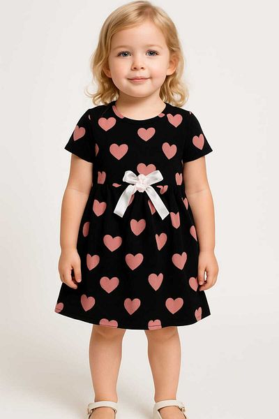 aden kids Rochie de vară din bumbac pieptănat pentru fete cu imprimeu inimă neagră de utilizare confortabilă - țesătură lycra respirabilă