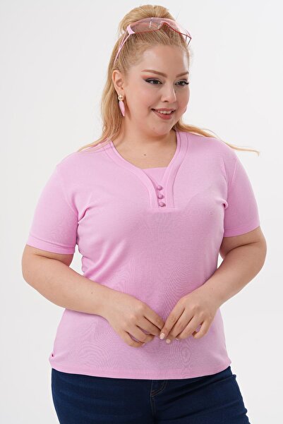 Siyezen Plus Size Cotton Blouse with Button Detail on the Collar