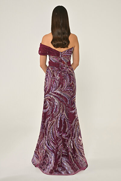 ALFABETA KADIN ABİYE TEK DÜŞÜK OMUZ YANDAN YIRTMAÇLI PAYET ŞIK UZUN ELBİSE