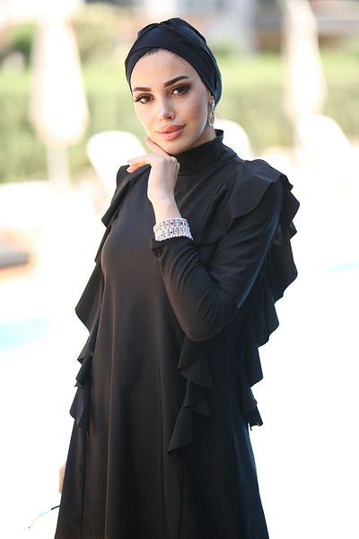 Remsa Mayo Remsa Design Lycra Μαγιό Hijab πλήρως καλυμμένο με βολάν στο πλάι R033 Seda Μαύρο