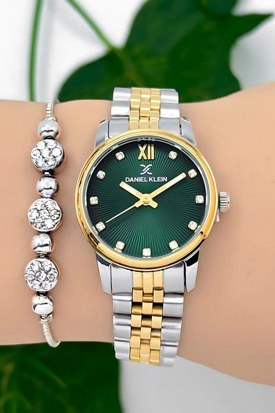 Daniel Klein Steel Cord Women Wrist Watch 3 Atm Water Resistant Silver-Gold-Green Zmdk1184