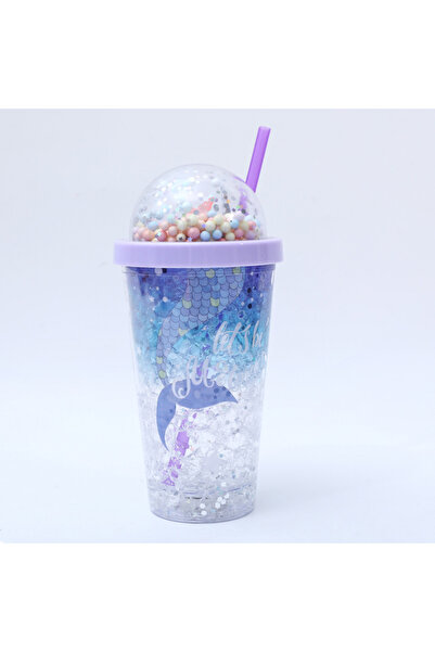 Livava Okyanus Işıklı ve Pipetli Bardak, 450 ml, Buzlu ve Kapaklı, Mor, 20x8