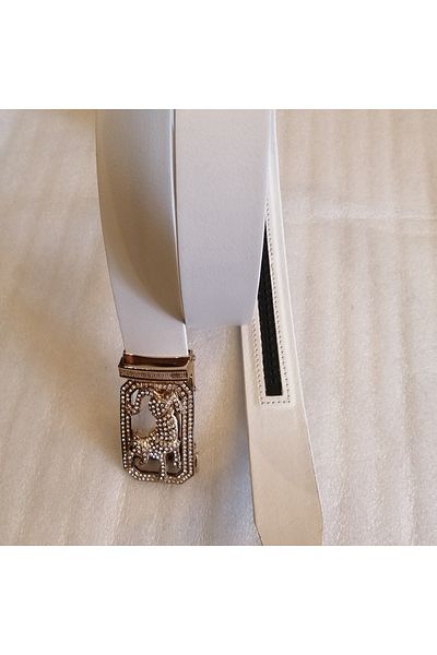 Butik Tülin Unisex Handmade Genuine Cowhide Leather White Gold Cutout Shiny Crystal Stone Tiger Automatic Buckle Belt