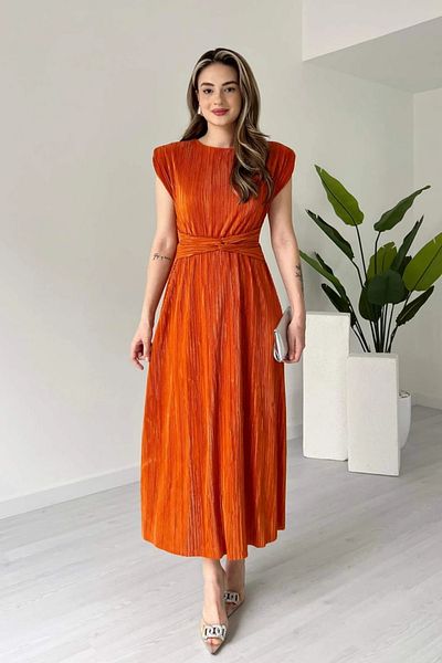 MODAMİNEM Women's Orange Pleated Double Breasted Lacing Detail Astral Daniel Dress