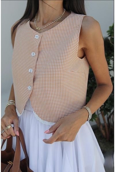 Zey Studio Orange CroP vest - Crew Neck and Gingham Design