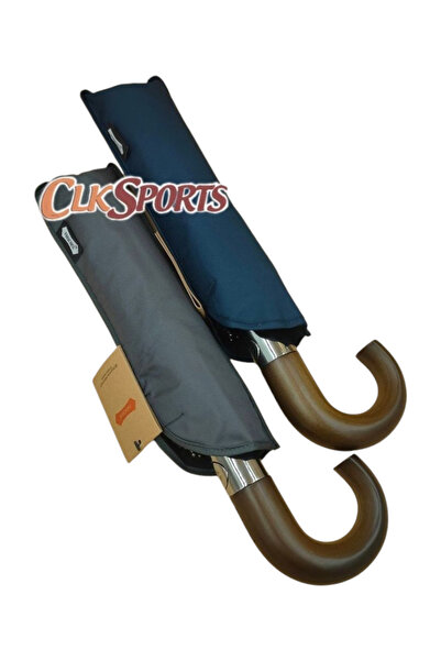 parachase Ahşap Baston Saplı Tam Otomatik Gri Şemsiye - Kılıflı