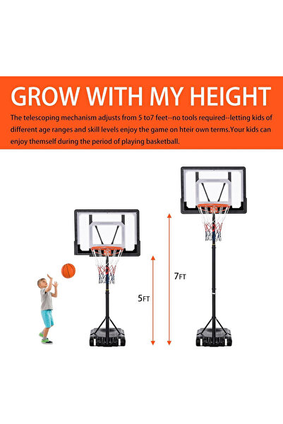 YALLA HomeGym Kids 5ft to 7ft Height Adjustable Basketball Hoop Stand, 32" Backboard, Portable Wheel