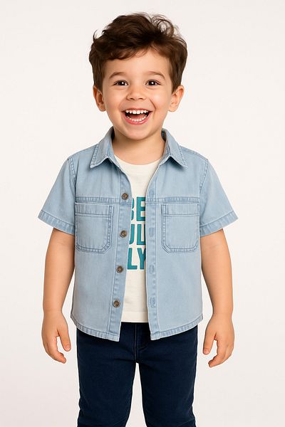 DUBAİ ÇOCUK Tricou cu mânecă scurtă pentru băiat Cămașă din denim – Albastru deschis