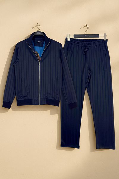 BESSA Ανδρικό σετ αθλητικής φόρμας Navy Blue Premium ριγέ ύφασμα ίσιο πόδι με τσέπες με φερμουάρ