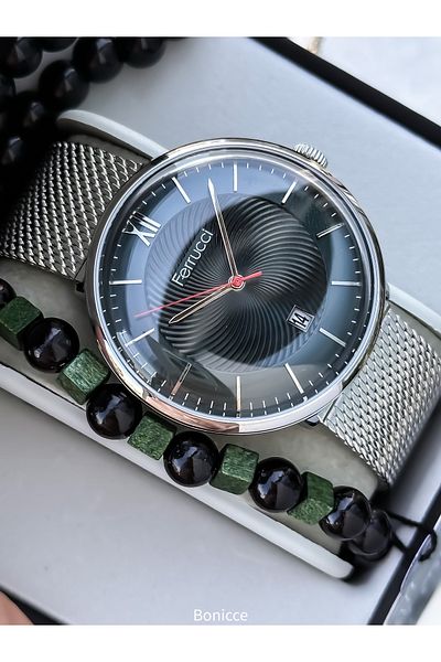Ferrucci Brand Silver Color Steel Cord, Green Dial, Men's Wristwatch with Calendar, Bracelet, Rosary Gift