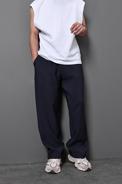 Slatra Men's Navy Blue Baggy Fit Viscose Linen Trousers