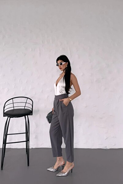 fatma keskin linna butik Kadın Harem Pantolon Krep Kumaş , Rahat Kalıp Gri