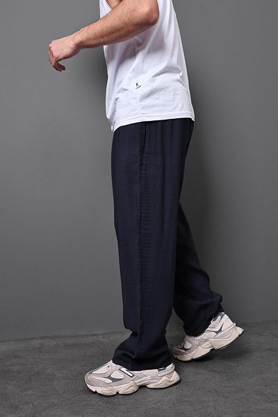 Slatra Men's Navy Blue Baggy Fit Viscose Linen Trousers
