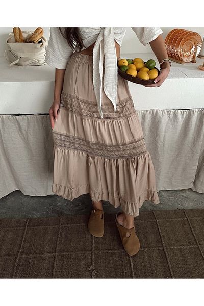 İLKCET MODA Γυναικεία φαρδιά ελαστική φούστα με ρίγες σε χτένα