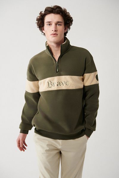 Avva Men's Khaki Half Zipper Stand Collar Pieced Fleece Sweatshirt A32Y1298
