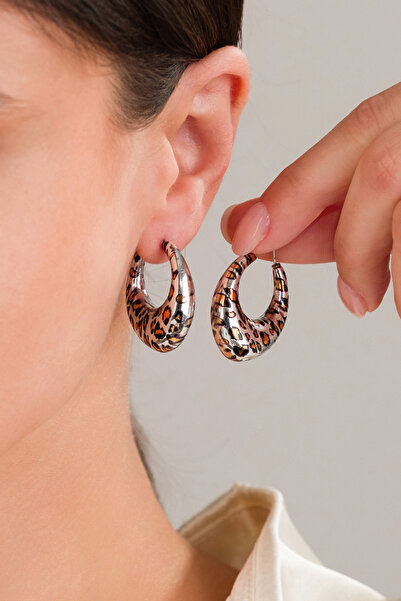 MRK Kadın Bombeli Leopar Desenli Halka Çelik Küpe