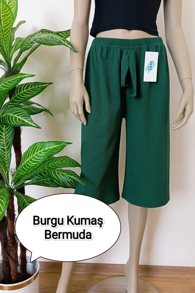 VİP BERA TEKSTİL Kadın Yeşil Burgu Kumaş Esnek Konforlu Bermuda Alt