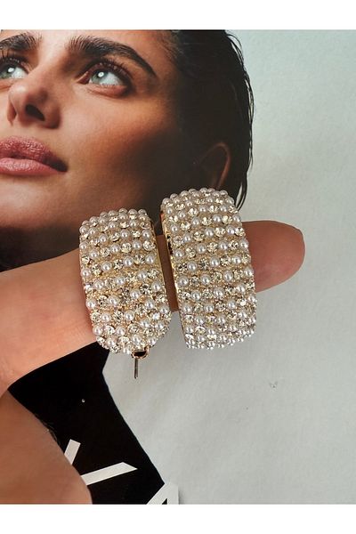 Pinery Jewels Limited Edition - Pair of Maxi Length Evening Dress Earrings with Ring Pearl and Zircon Stone Detail