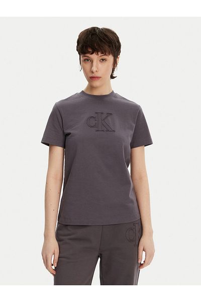 Calvin Klein Women's Short Sleeve Crew Neck Ck Text Detail Reqular Fit Gray T-Shirt J20J 225256 -Pmp