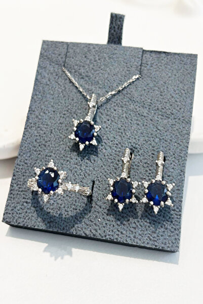 DM AKSESUAR 925 Ayar Gümüş Ortası Safir Taşlı Kenarları Zirkon Taşlı Lotus Mo...