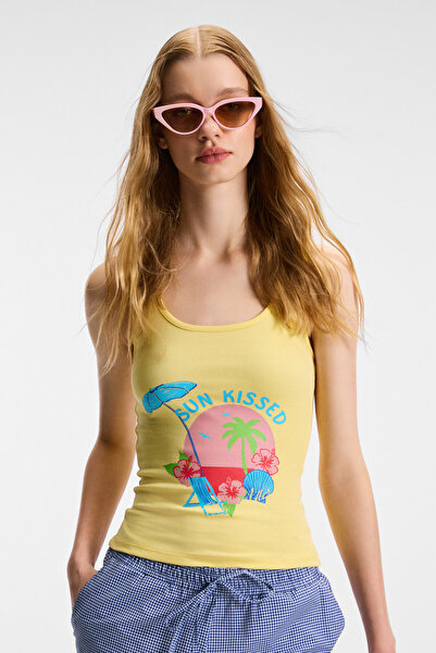 ETHIQUET Sephira women's hollow collar soft fabric Slim Fit yellow tank top