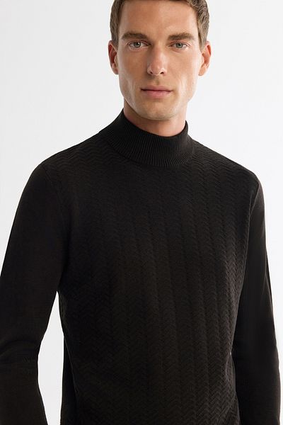 Avva Men's Black Half Turtleneck Textured Knitwear Sweater E 005108