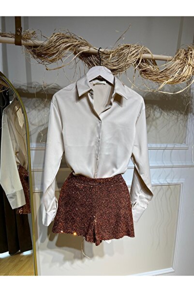 Thil Bakır Renk Pul Payet Astarlı Yan Fermuarlı Şort